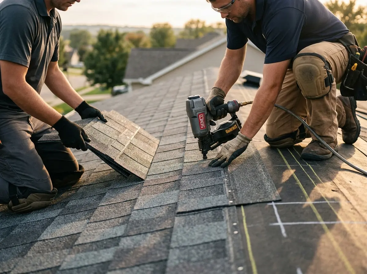 Professional roofer working on a residential roof in Millville